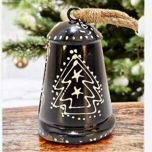 Swedish Christmas Bell Metal Hand Painted Black & White Christmas Tree Jute 5"